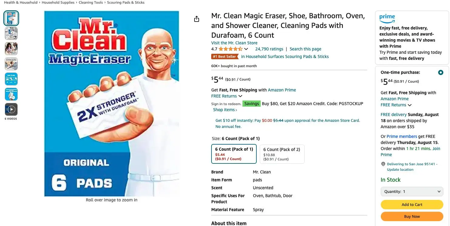 Mr Clean マジックイレイザー 靴 浴室 オーブン&シャワークリーナー クリーニングパッド デュラフォーム付き 6個入り Mr Clean マジックイレイザー 靴 浴室 オーブン&シャワークリーナー クリーニングパッド デュラフォーム付き 6個入り