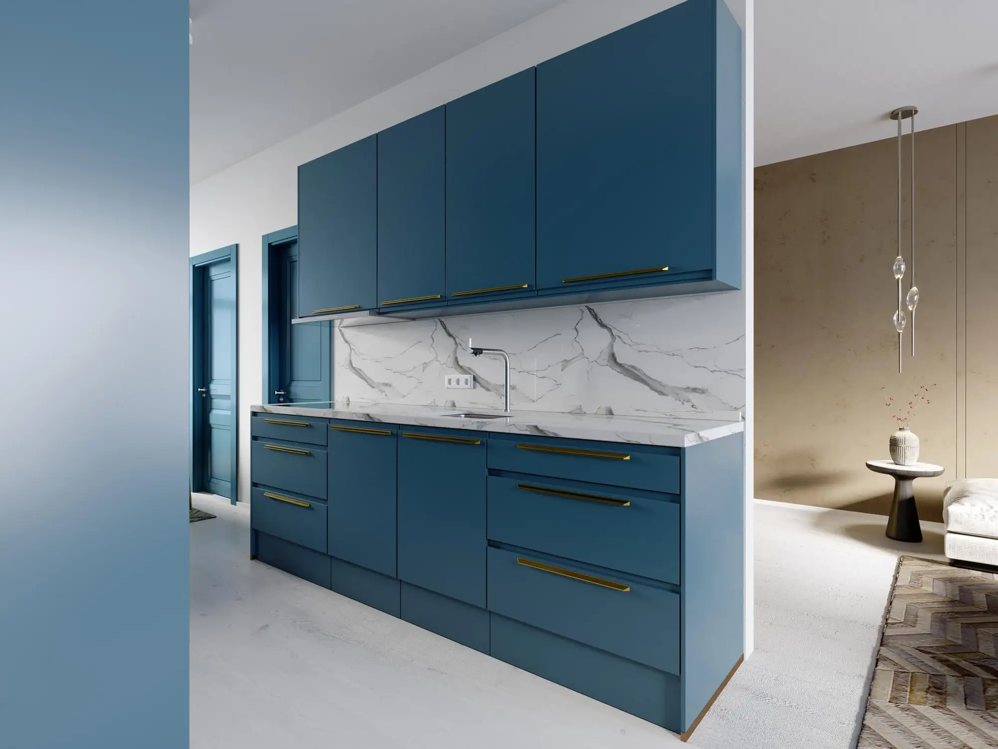 Stylish blue kitchen cabinets with sleek copper accents and a marble backsplash Stylish blue kitchen cabinets with sleek copper accents and a marble backsplash