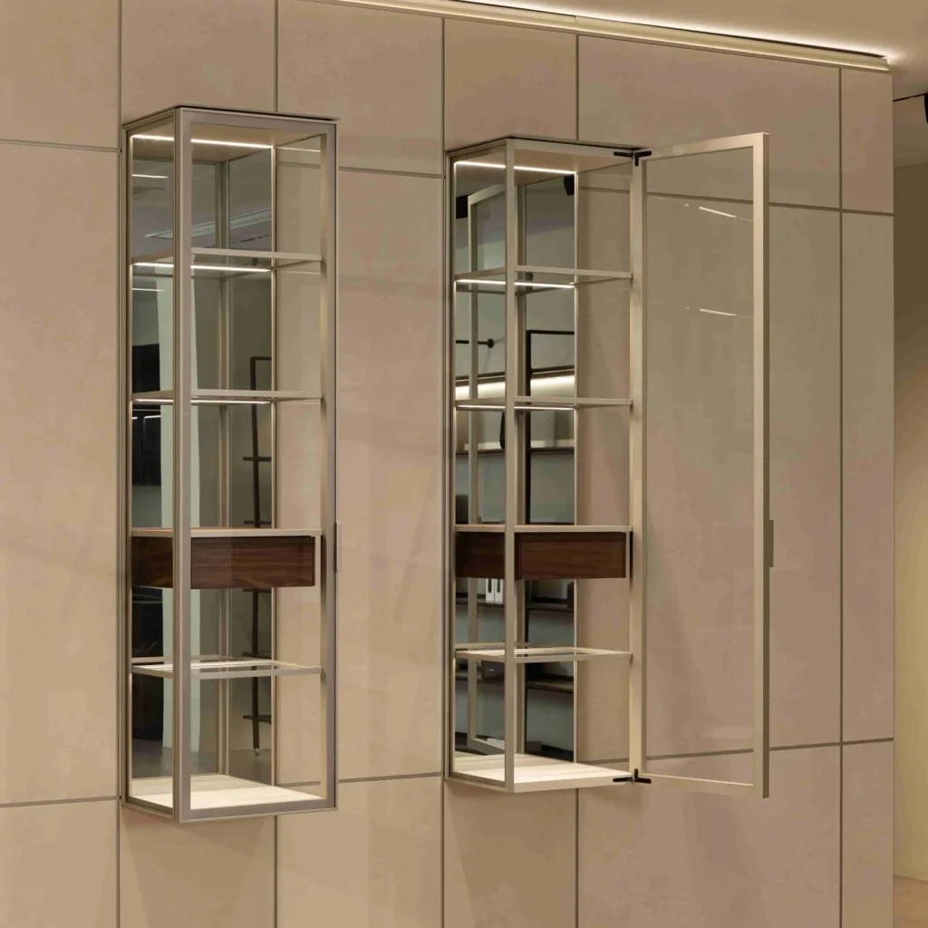 Stylish wall display cabinet with mirrored back and wood shelves perfect for accentuating home decor and collections scaled square