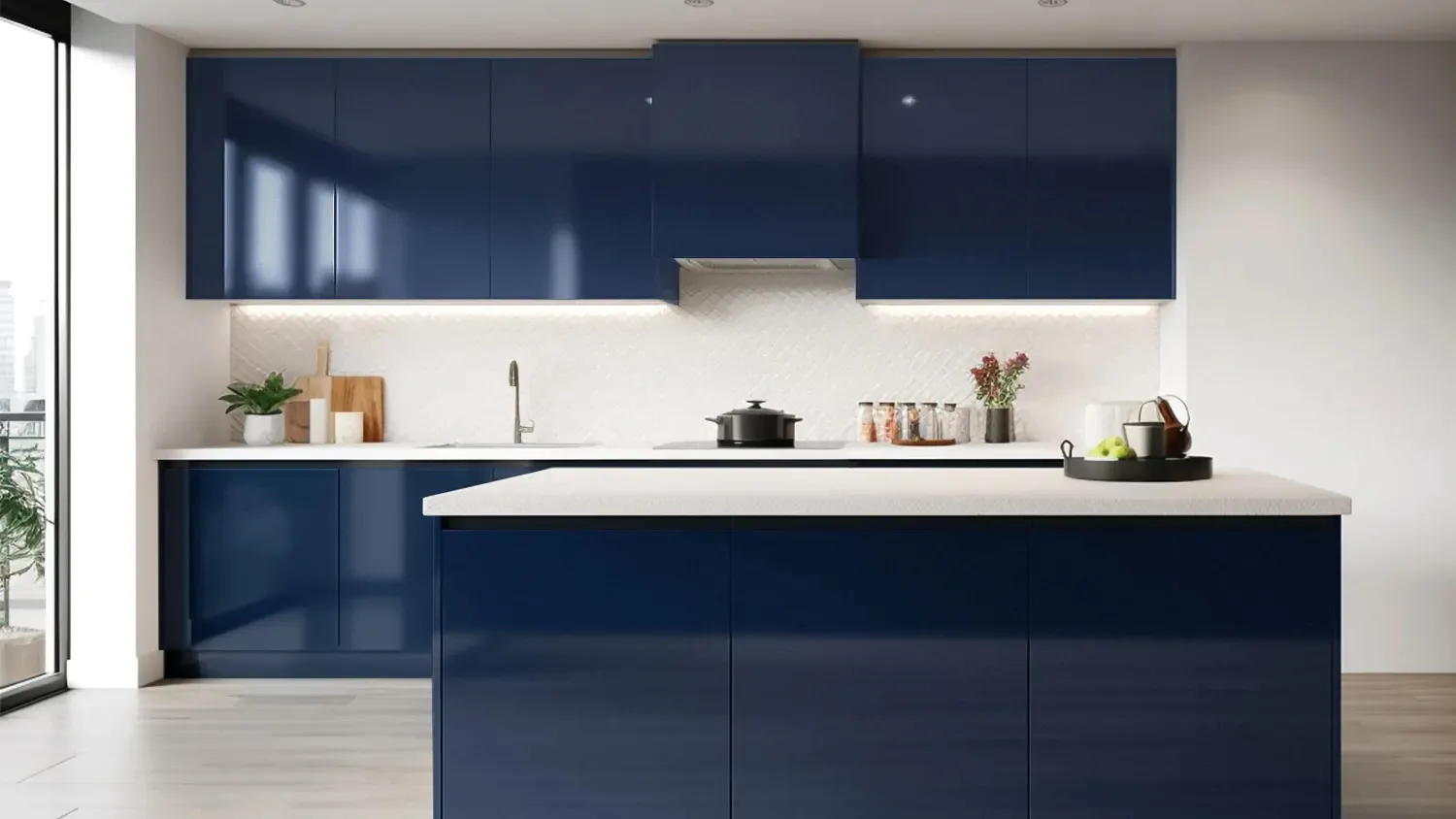 Glossy navy blue cabinets with white countertops and open space
