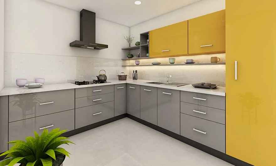 Gray lower cabinets with bright yellow uppers in a modern kitchen
