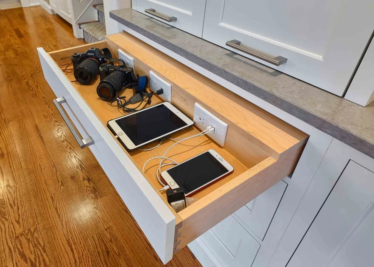 Hide appliances behind white cabinet panels