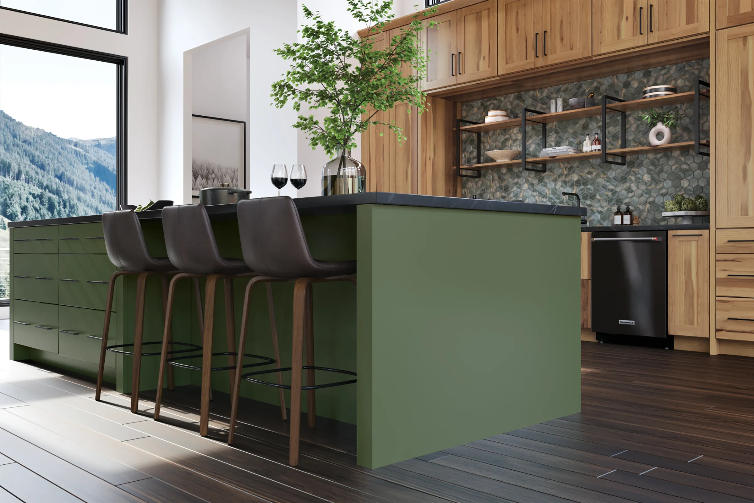 Install Dark Cabinetry on the Island Only Modern kitchen island with green cabinets and bar stools Install Dark Cabinetry on the Island Only Modern kitchen island with green cabinets and bar stools