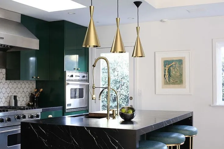 Install Pendant Lighting Dark green cabinets with black marble island Install Pendant Lighting Dark green cabinets with black marble island