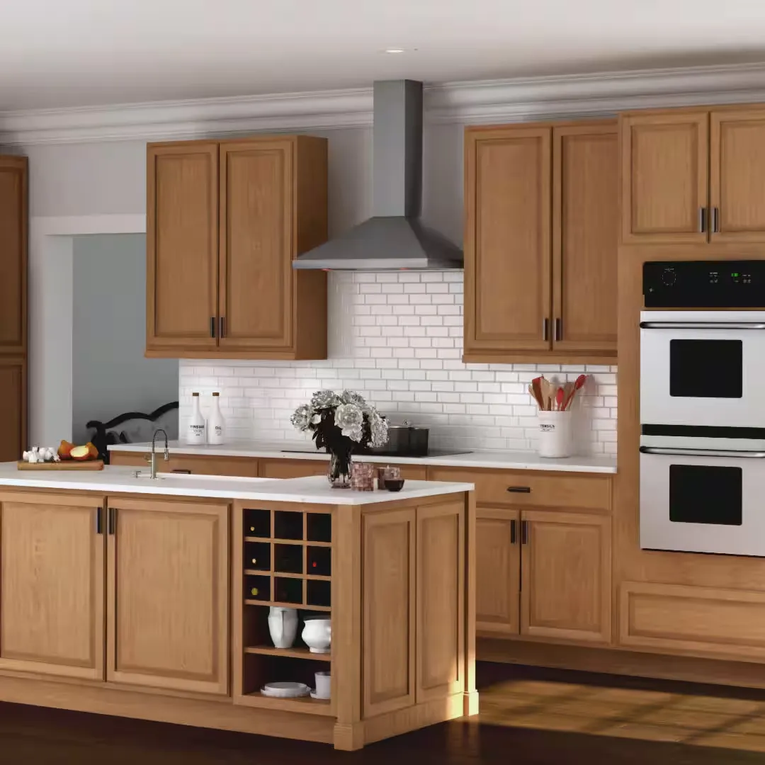 Kitchen with natural wood cabinets white countertops and a large kitchen island Kitchen with natural wood cabinets white countertops and a large kitchen island