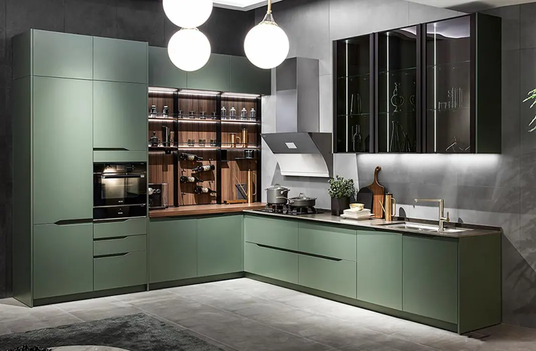 Lacquer Finish Green modern cabinets with integrated open shelving