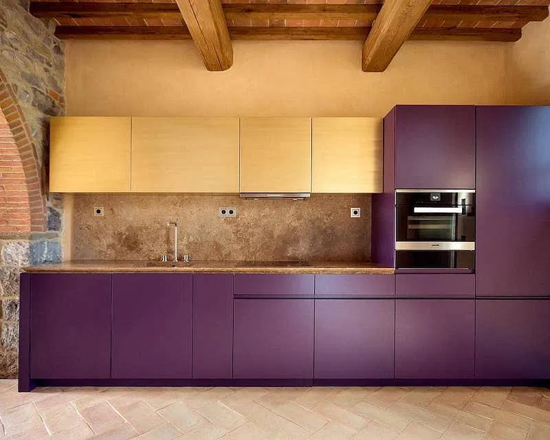 Lavender lower cabinets with chocolate brown uppers