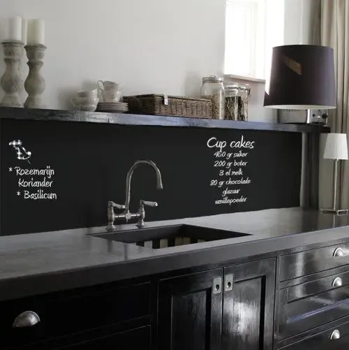Modern kitchen with chalkboard backsplash for writing recipes and notes Modern kitchen with chalkboard backsplash for writing recipes and notes