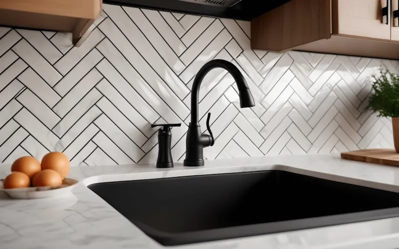 Modern kitchen with herringbone tile backsplash and black sink Modern kitchen with herringbone tile backsplash and black sink