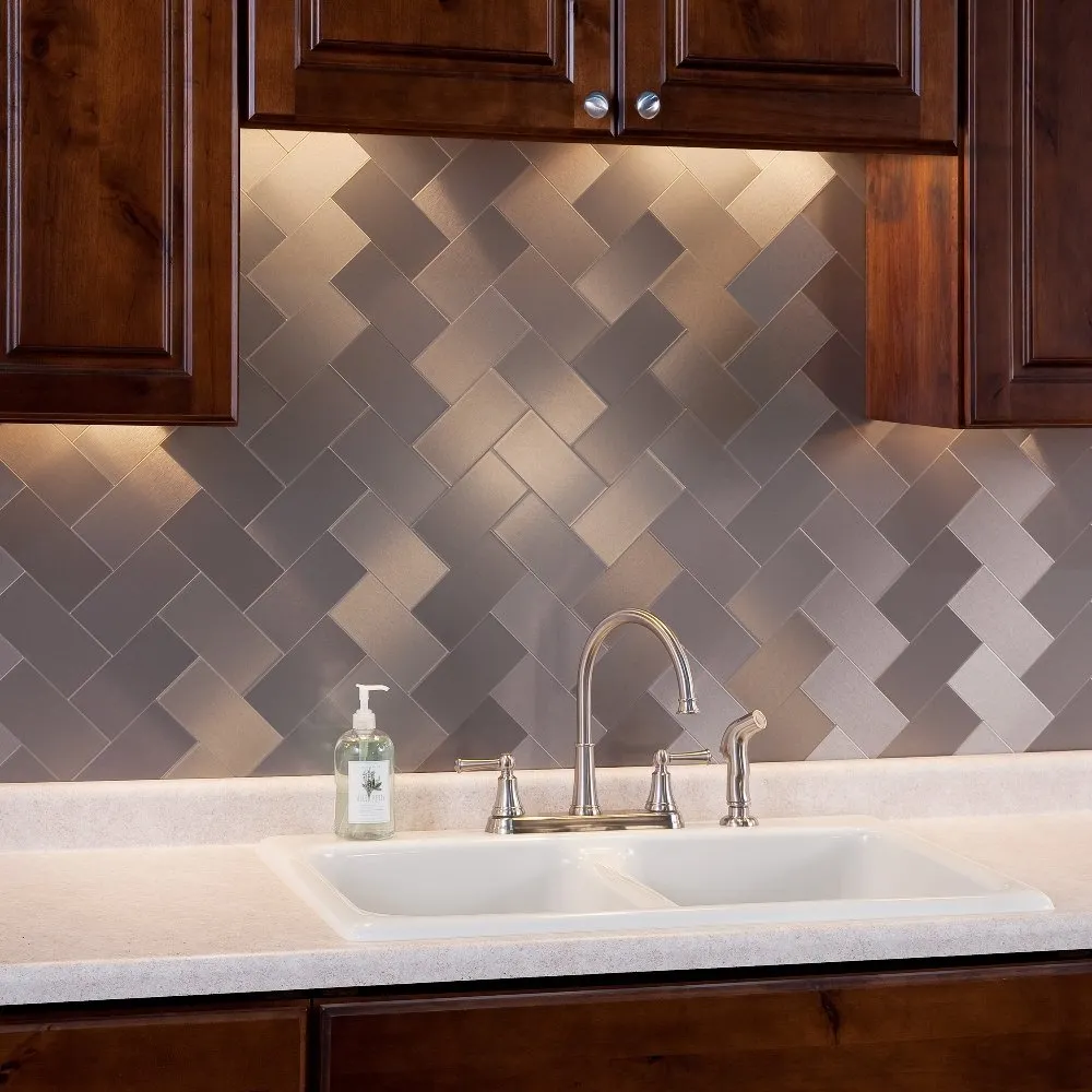 Modern kitchen with laser cut metal panel backsplash and wood cabinets Modern kitchen with laser cut metal panel backsplash and wood cabinets