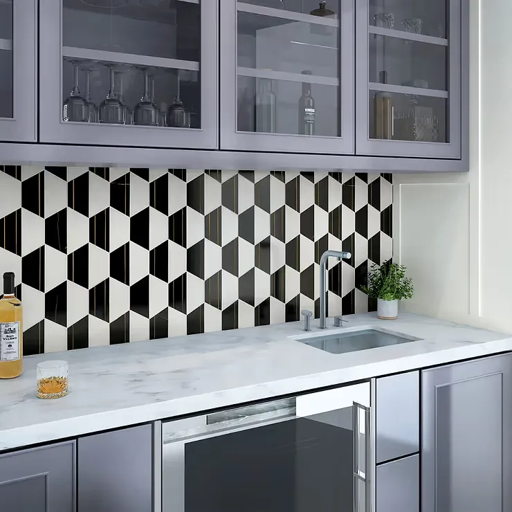Modern kitchen with mosaic tile backsplash featuring metallic inlays Modern kitchen with mosaic tile backsplash featuring metallic inlays
