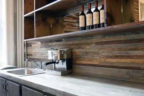 Modern kitchen with reclaimed wood backsplash and industrial vibe Modern kitchen with reclaimed wood backsplash and industrial vibe