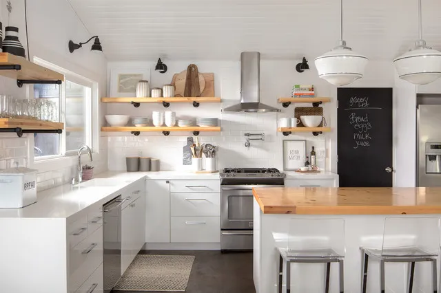 Replace upper cabinets with floating shelves