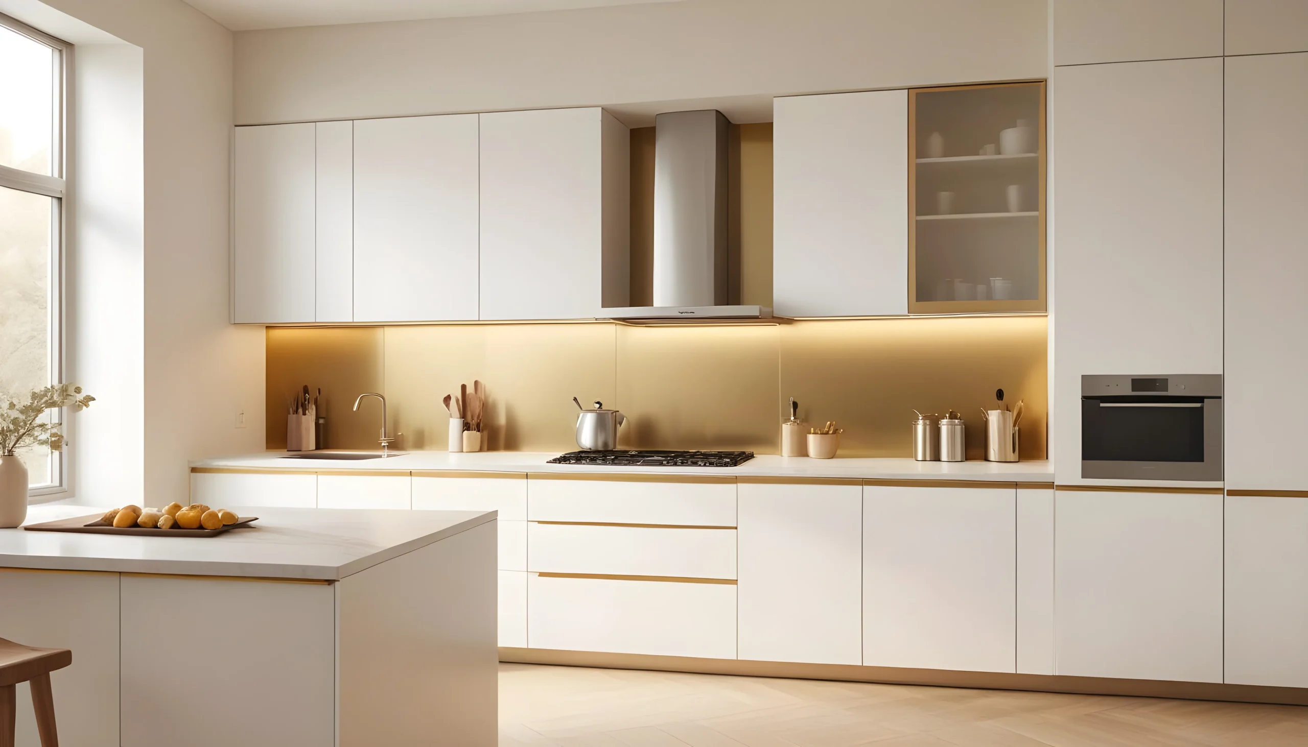 Sleek white kitchen with gold accents and modern appliances
