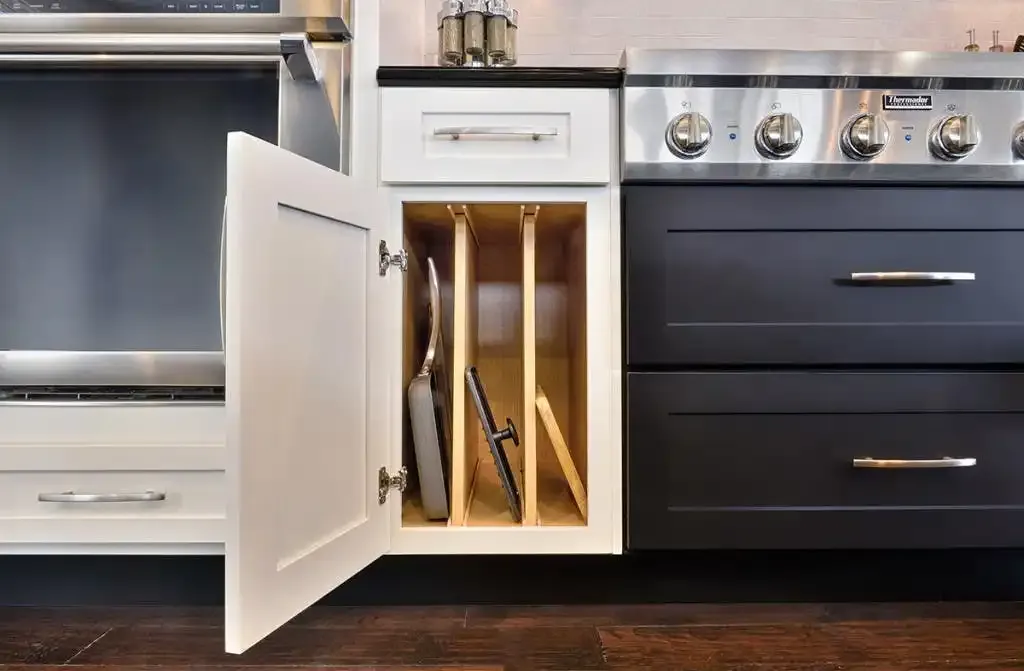 kitchen cabinet with vertical tray organizer
