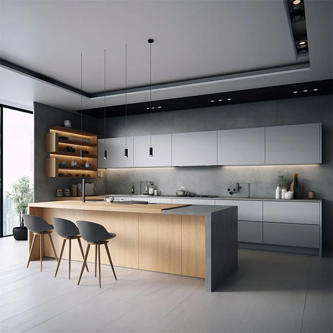 A sleek modern kitchen with a wooden island gray cabinets and black pendant lights