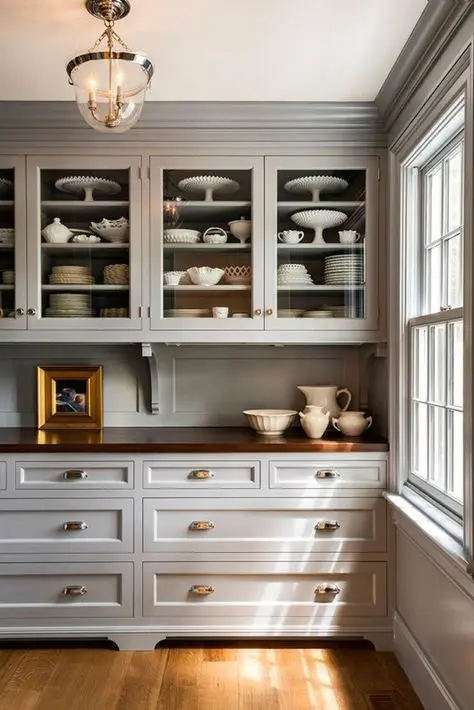 Antique style kitchen with gray cabinets and dishware display Antique style kitchen with gray cabinets and dishware display