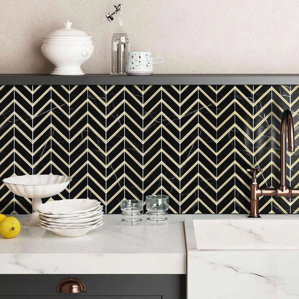 Chevron pattern black and white backsplash in modern kitchen Chevron pattern black and white backsplash in modern kitchen