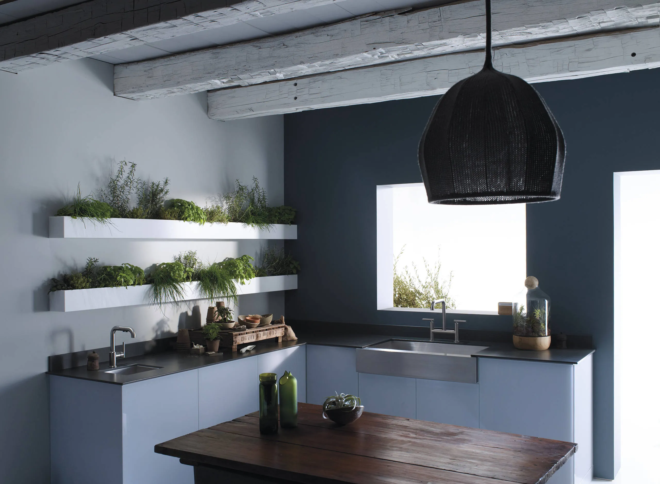 Contemporary kitchen with herb plants on floating shelves Contemporary kitchen with herb plants on floating shelves