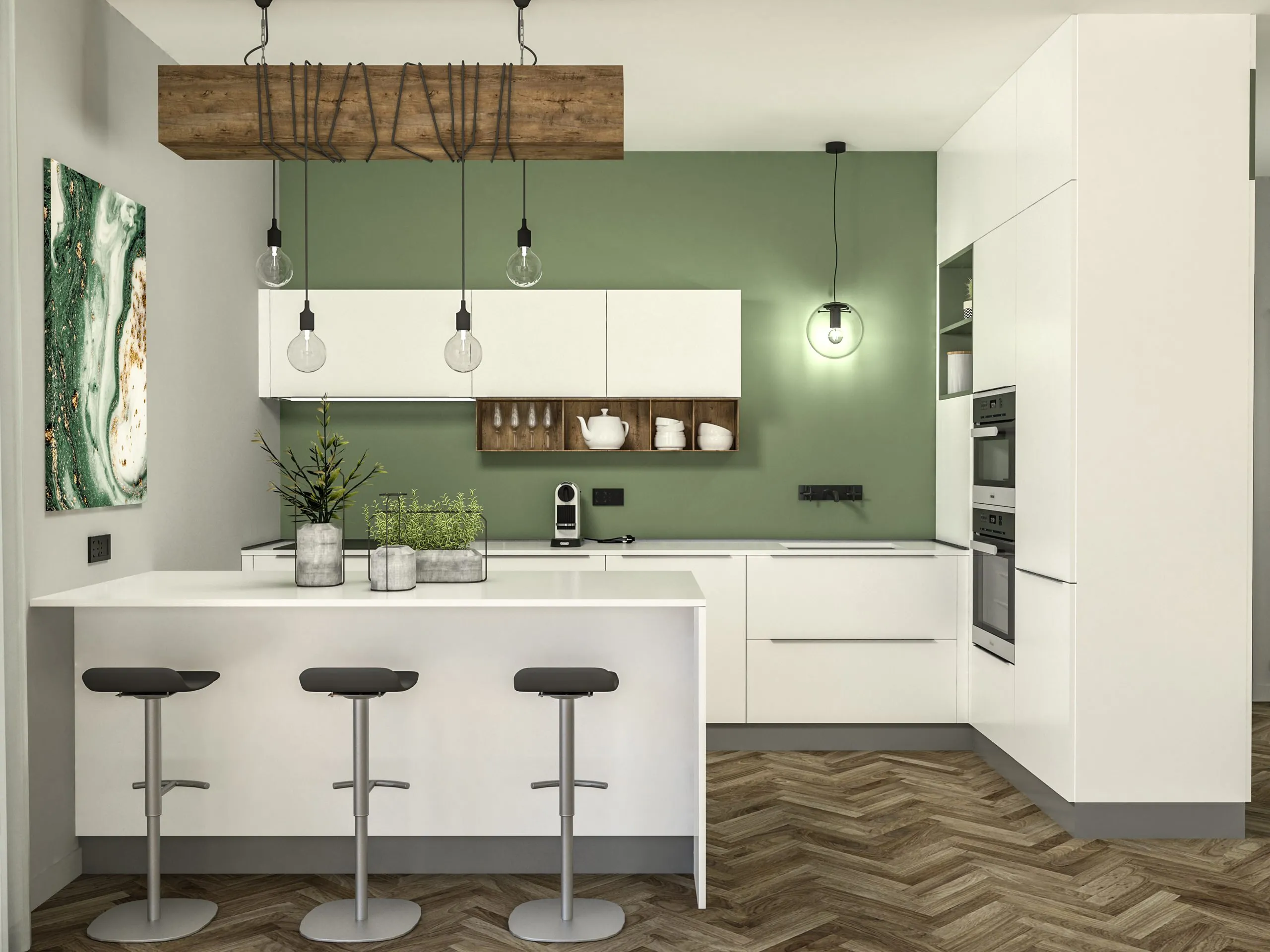 Contemporary kitchen with white cabinets green accent wall and modern lighting