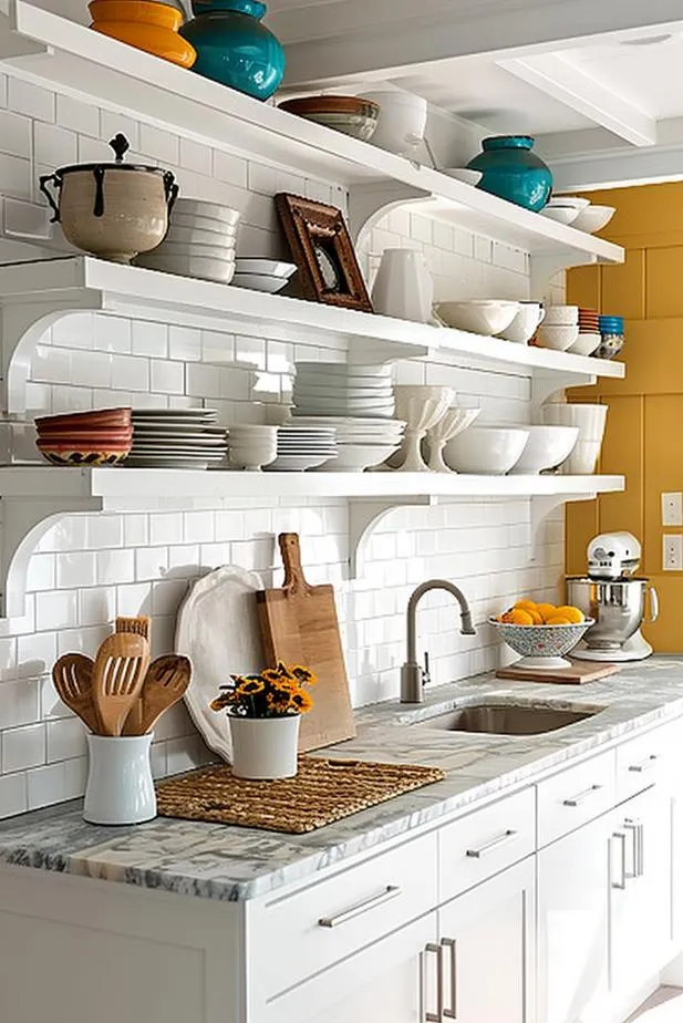 Kitchen shelves holding white dishware and colorful ceramics Kitchen shelves holding white dishware and colorful ceramics
