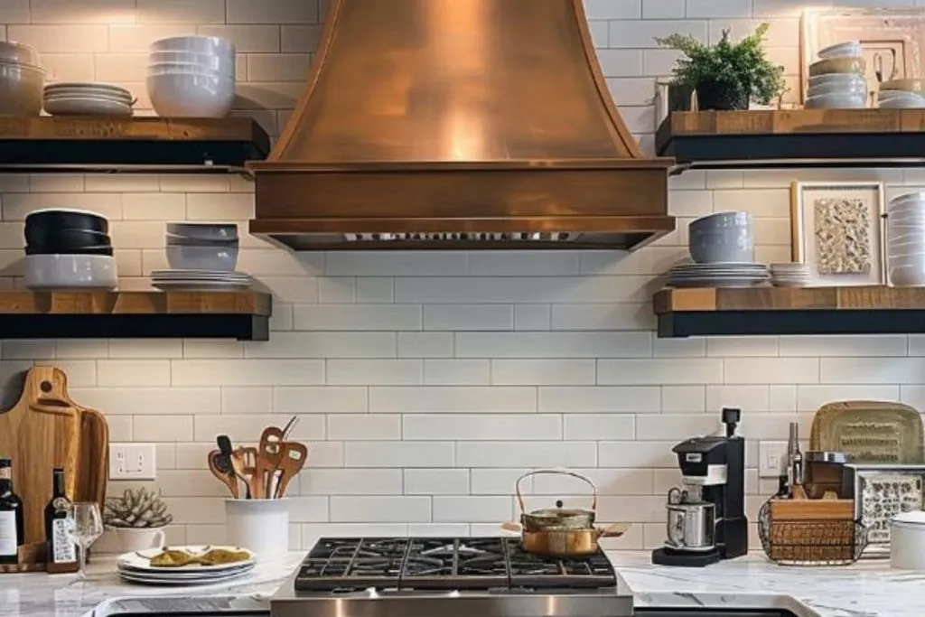 Kitchen with copper hood and open shelves holding dishes and plants Kitchen with copper hood and open shelves holding dishes and plants