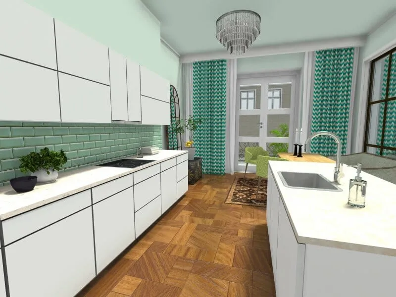 Kitchen with white cabinets green tile backsplash and patterned curtains