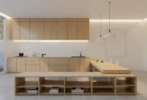 Minimalist kitchen with flat panel oak cabinets under cabinet lighting and marble backsplash