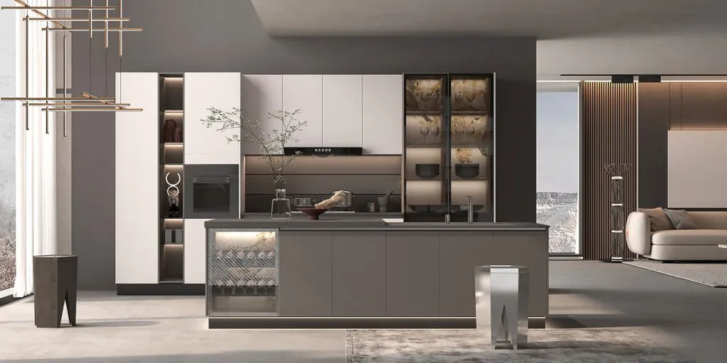 Modern kitchen with sleek cabinets gray island and pendant lights