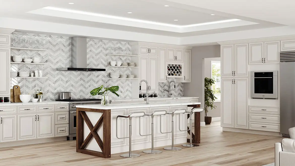 Modern kitchen with white cabinets and chevron backsplash Modern kitchen with white cabinets and chevron backsplash