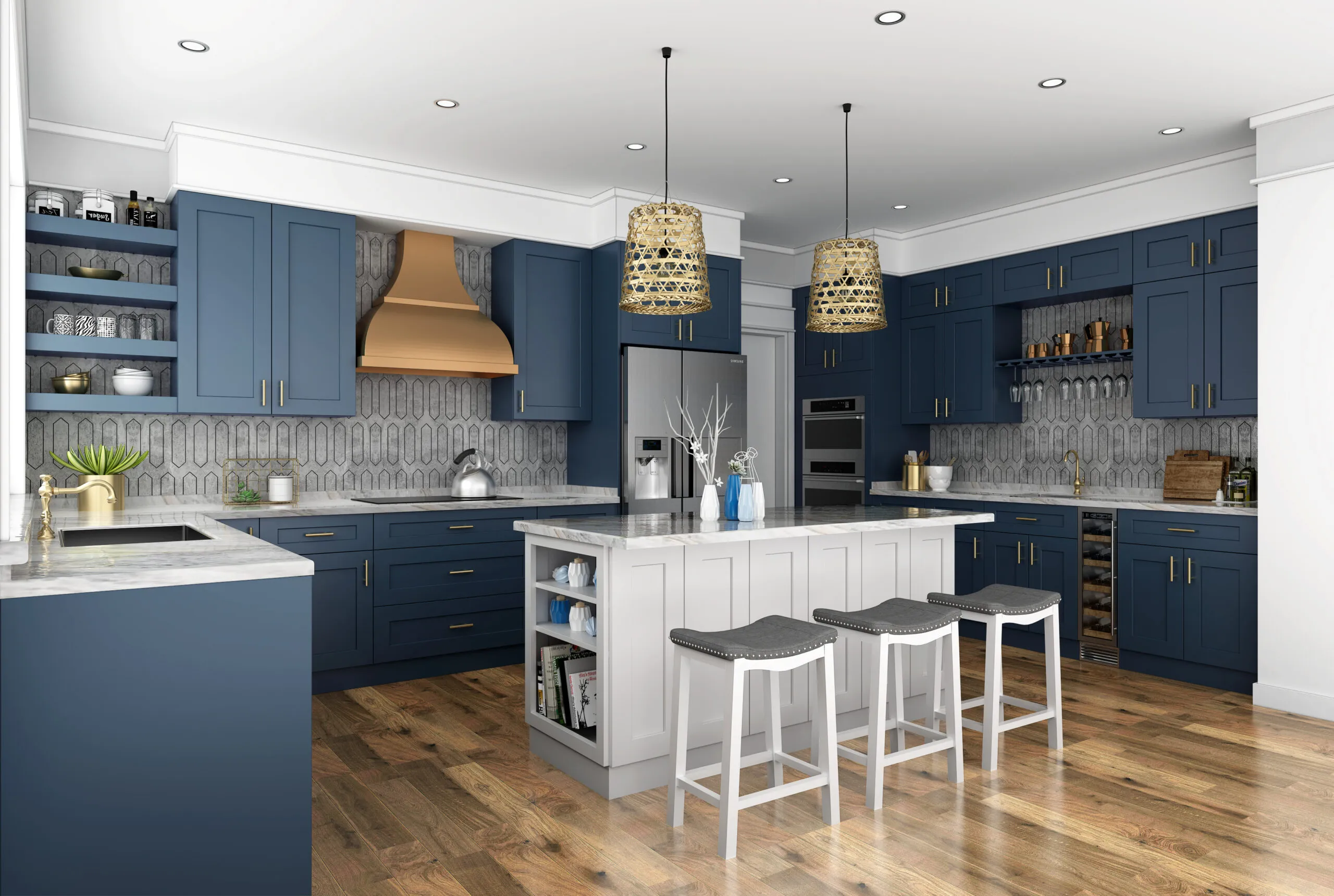 Modern navy blue kitchen with gold hardware and stylish island Modern navy blue kitchen with gold hardware and stylish island
