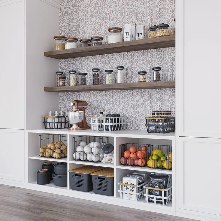 Pantry with wooden shelves storage bins and glass containers Pantry with wooden shelves storage bins and glass containers