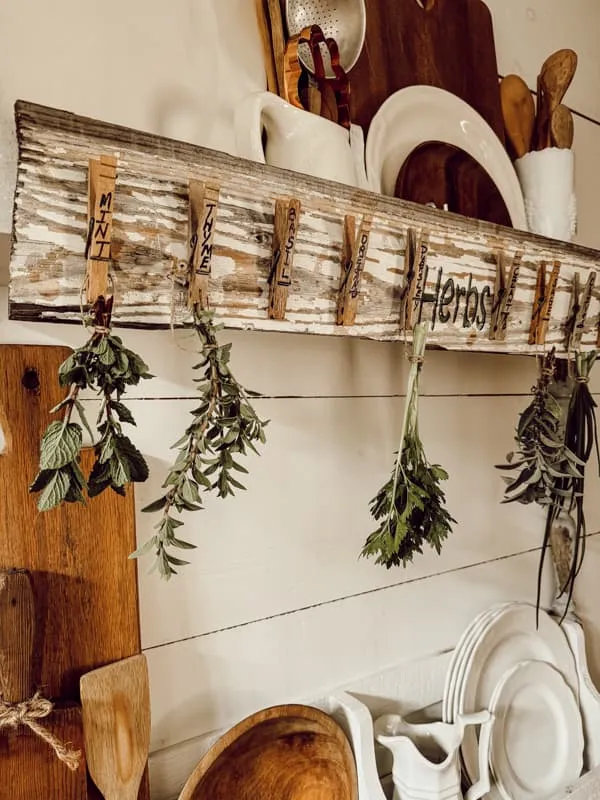 Rustic herb hanger with mint thyme basil and sage drying Rustic herb hanger with mint thyme basil and sage drying