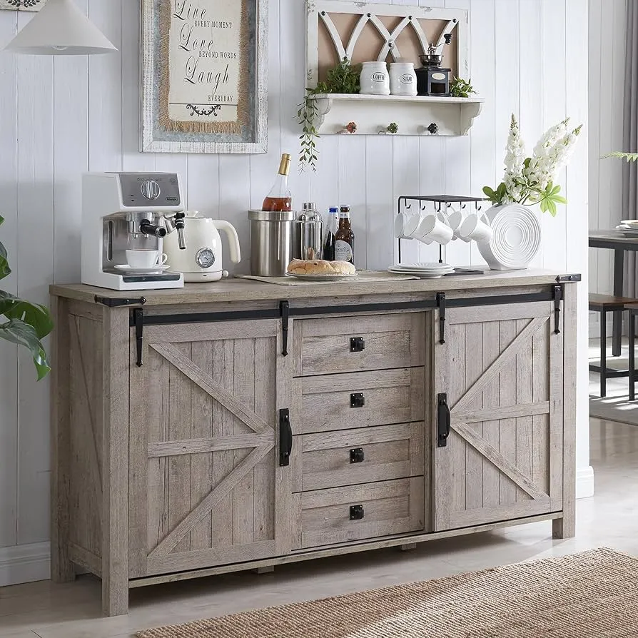 Rustic kitchen island with barn door cabinets and coffee station Rustic kitchen island with barn door cabinets and coffee station