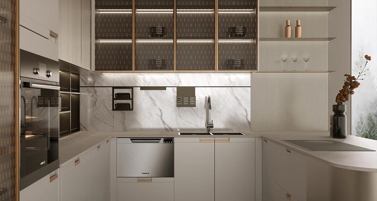 Sleek modern kitchen with marble backsplash and gold accents Sleek modern kitchen with marble backsplash and gold accents