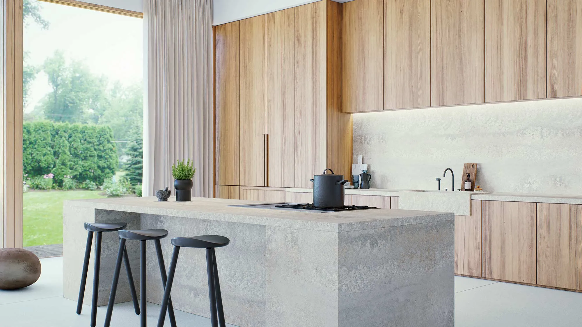 Sleek wood kitchen cabinets in a minimalist neutral toned design Sleek wood kitchen cabinets in a minimalist neutral toned design
