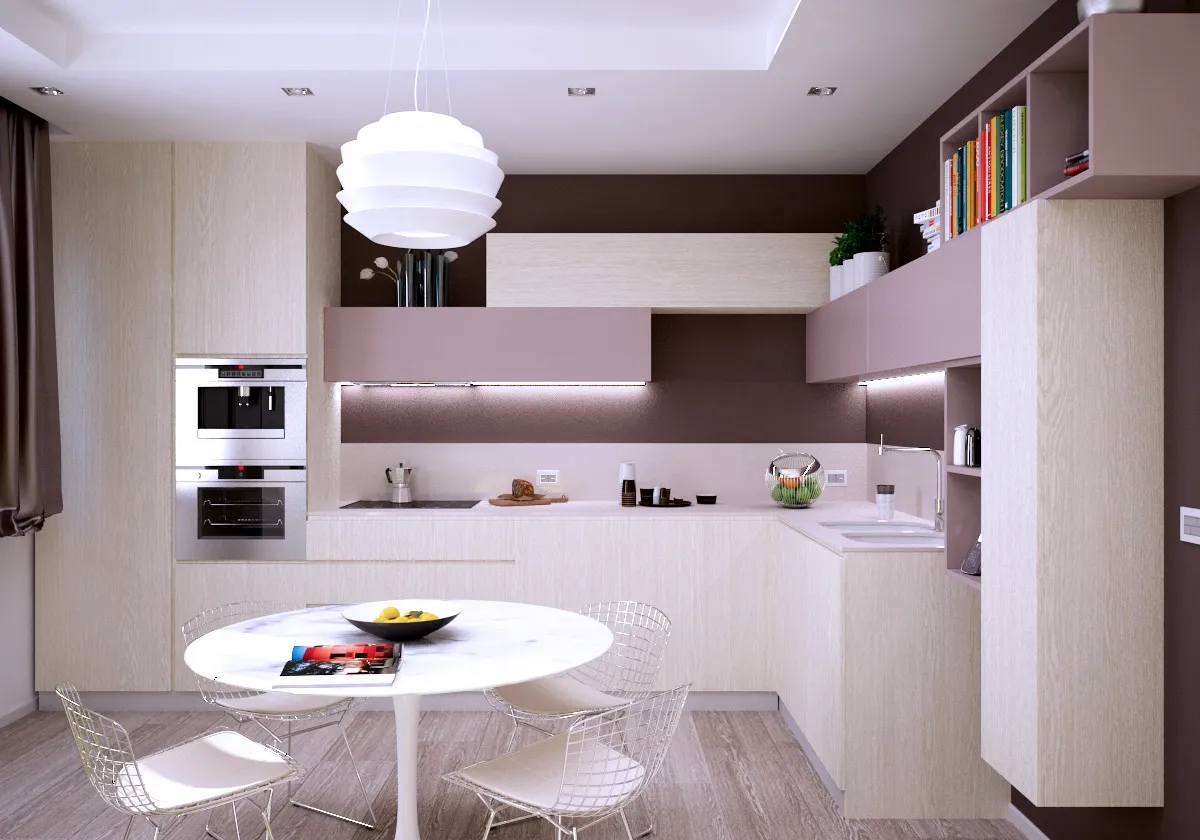 Small kitchen with integrated appliances and smooth matte finish cabinets