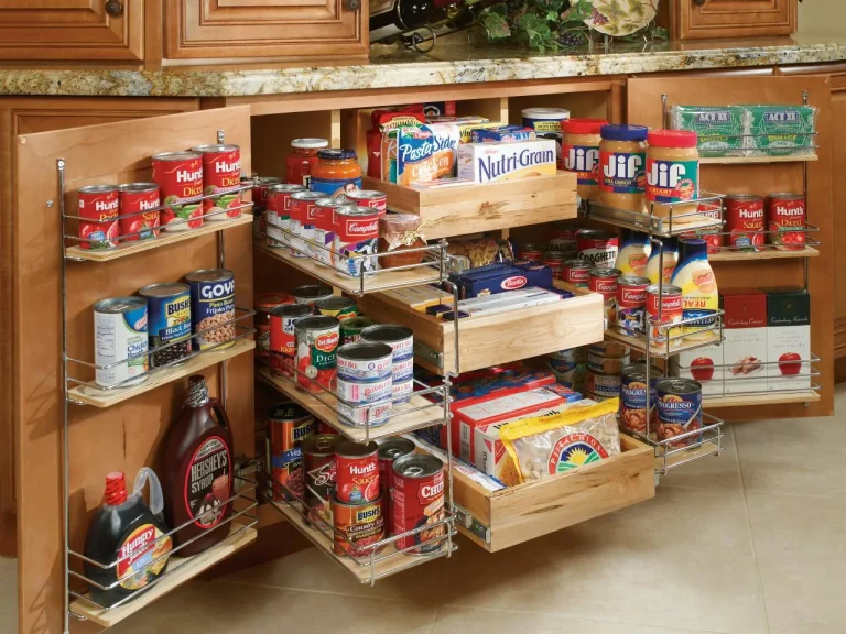 Spacious kitchen pantry with pull out shelves and canned goods storage