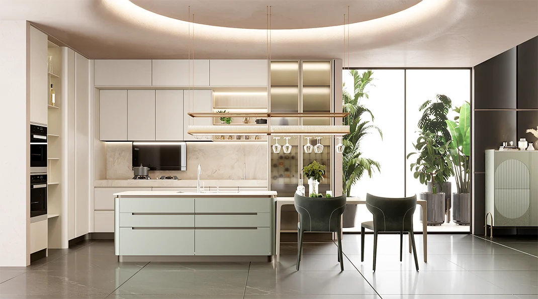 Spacious kitchen with white cabinets a central island and modern decor