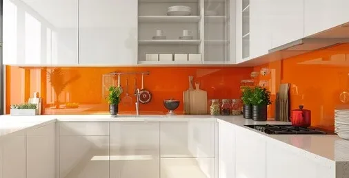 White kitchen cabinets with bright orange glass backsplash