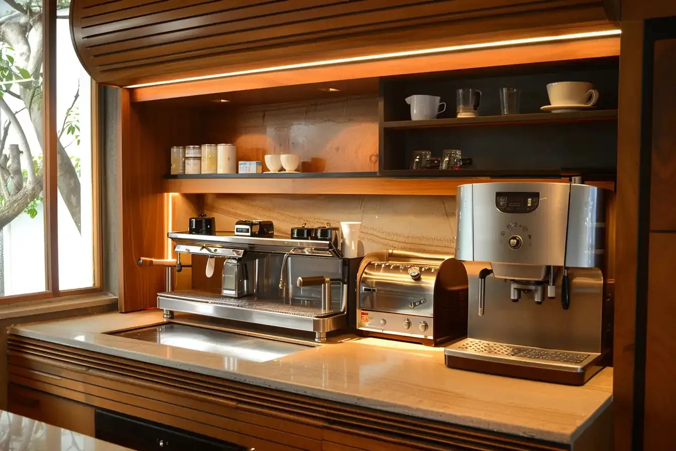 a designated coffee station with pull out drawers for mugs coffee beans and utensils coffe station design integrated with a house kitche