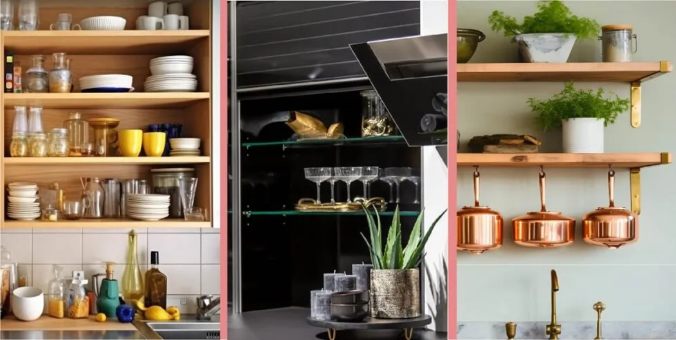 open kitchen cabinet with three different materials