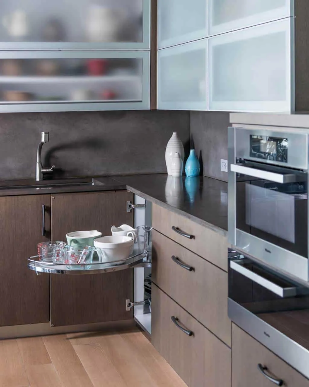 Tall Corner Pantry with Frosted Glass Door tall corner pantry with frosted glass door in modern kitchen