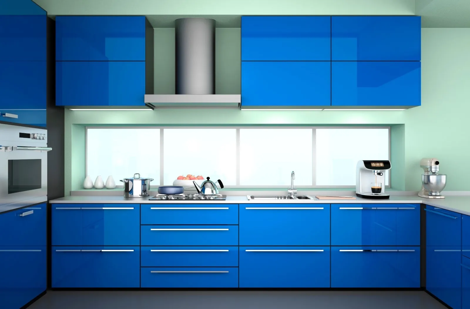 Bright blue kitchen cabinets creating a vibrant modern look
