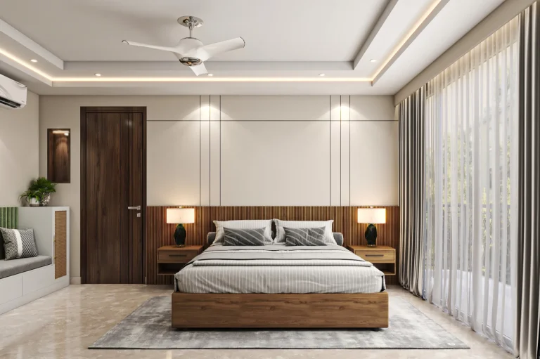 Contemporary bedroom with wooden accents and ambient lighting