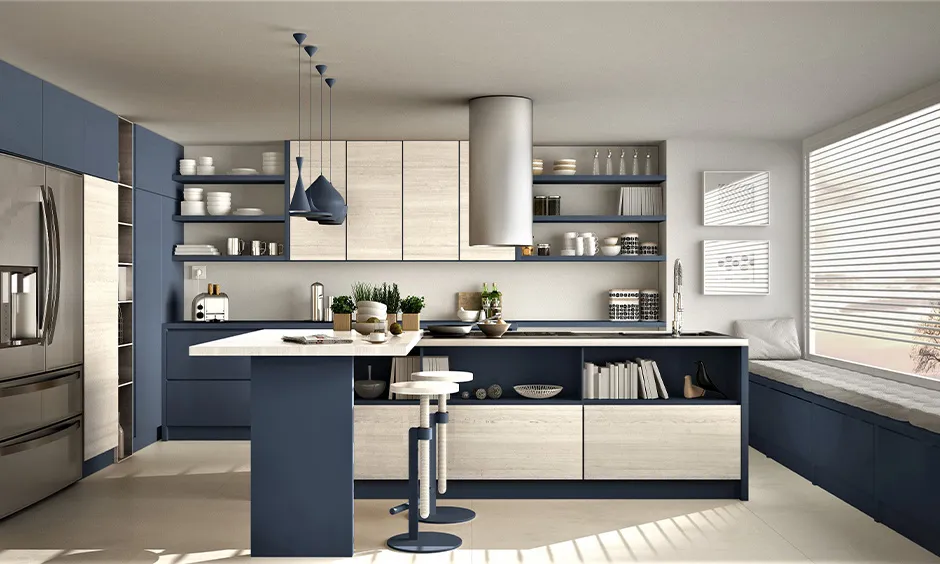 Contemporary open kitchen with blue and beige cabinets and lighting