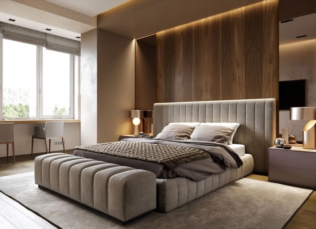 Luxurious bedroom with cushioned bed frame and warm lighting Luxurious bedroom with cushioned bed frame and warm lighting