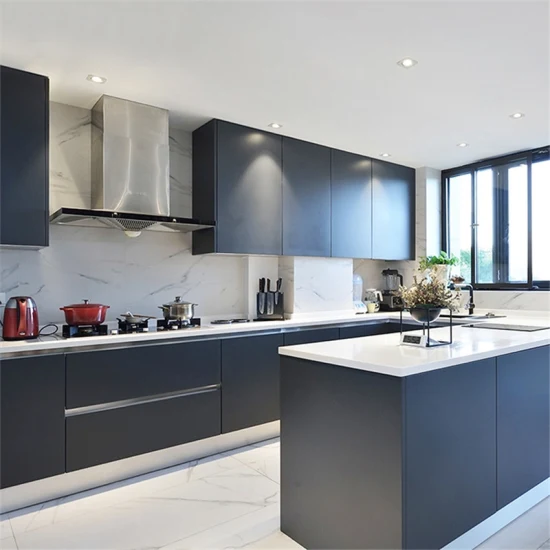 dark brown kitchen cabinet with white frame window Minimalist black cabinetry with white island and marble backsplash
