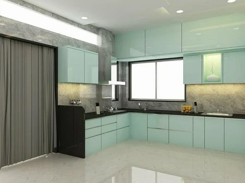 Minimalist teal kitchen with marble flooring and countertops
