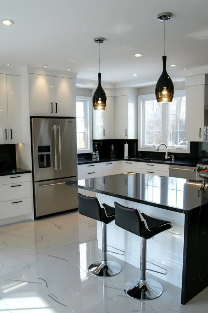 Modern kitchen with black and white cabinets and wood accents Modern Black and White Cabinets Backlit Cabinets
